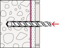 Ein Bohrmeißel, der durch ein geschichtetes Material schneidet, mit einem Pfeil, der nach rechts zeigt und die Richtung des Bohrers angibt.