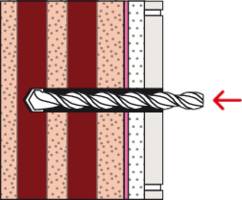 Illustration zeigt einen Bohrer, der von links nach rechts mehrere Wandschichten durchdringt, angezeigt durch einen roten Pfeil.