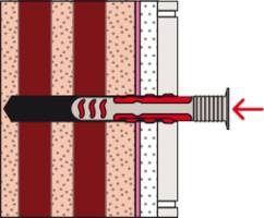 Diagramm einer Schraube, die in eine Wand mit Schichten eingefügt wird: Putz, Dämmung und Ziegel. Ein Pfeil zeigt die Einfügungsrichtung an.
