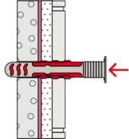 Querschnittsdiagramm, das einen Bolzen zeigt, der zwei Schichten sichert, wobei sich ein Anker im Material ausdehnt, wenn der Bolzen angezogen wird.