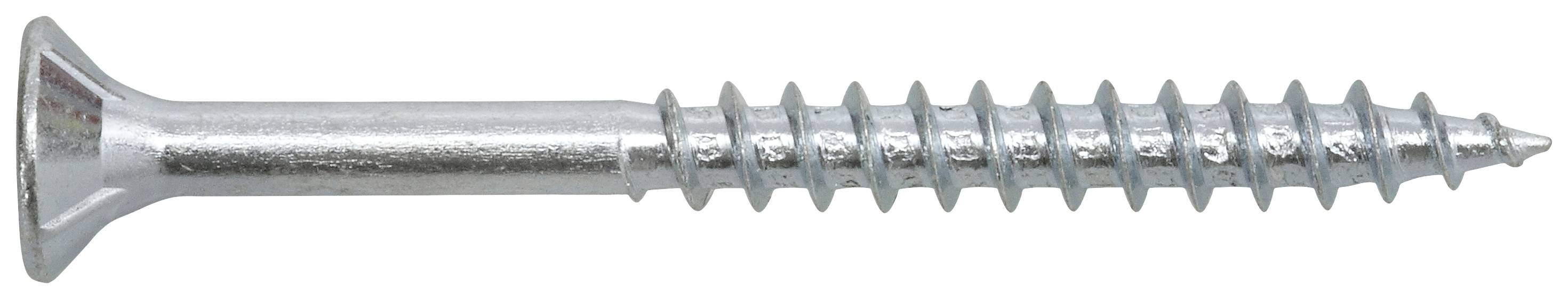 Metallschraube mit flachem Kopf und scharfen Gewinden, liegend und vollständig sichtbar. Geeignet für Holz- und Metallverbindungen.