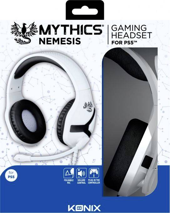 'MYTHICS NEMESIS Gaming-Headset für PS5' Verpackung mit Bild eines weißen Headsets, das klappbar ist, über Lautstärkeregler und ein flexibles Mikrofon verfügt.