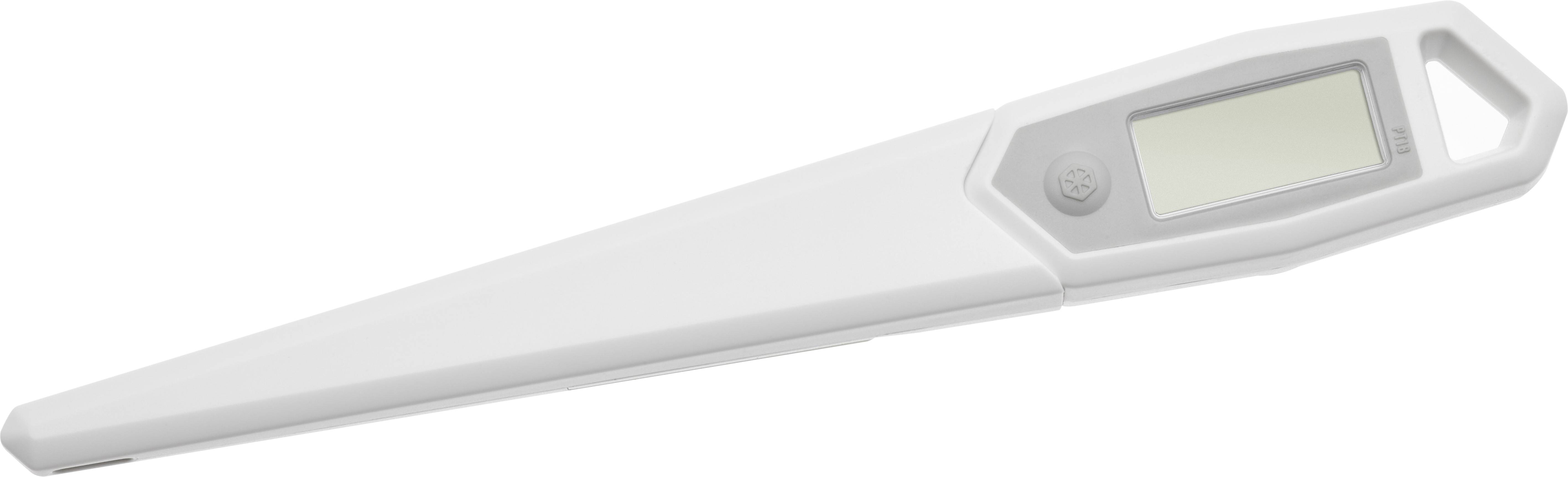 Weißes digitales Thermometer mit Display, angezeigt ohne aktuelle Temperaturmessung.