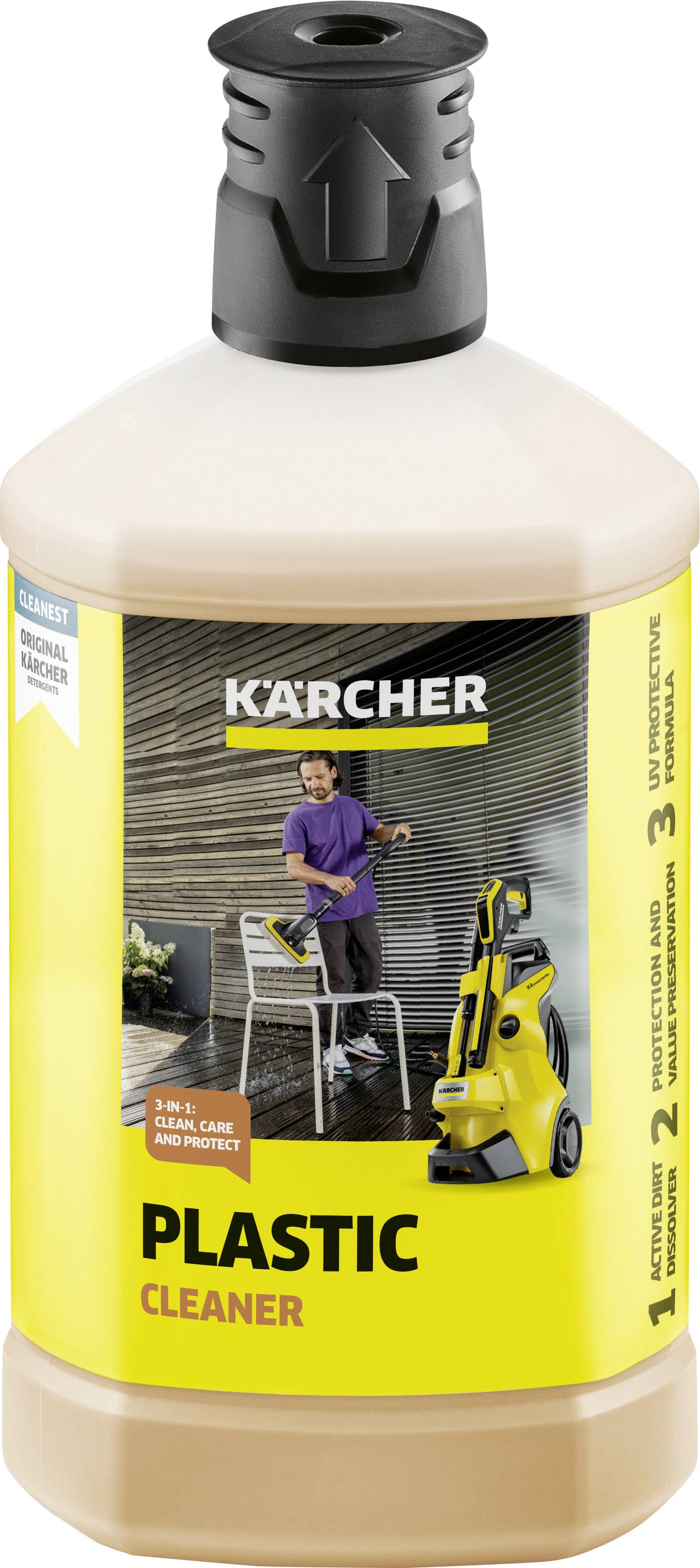 Eine Flasche Kärcher-Kunststoffreiniger mit 3-in-1 Formel, geeignet für Kärcher Hochdruckreiniger.