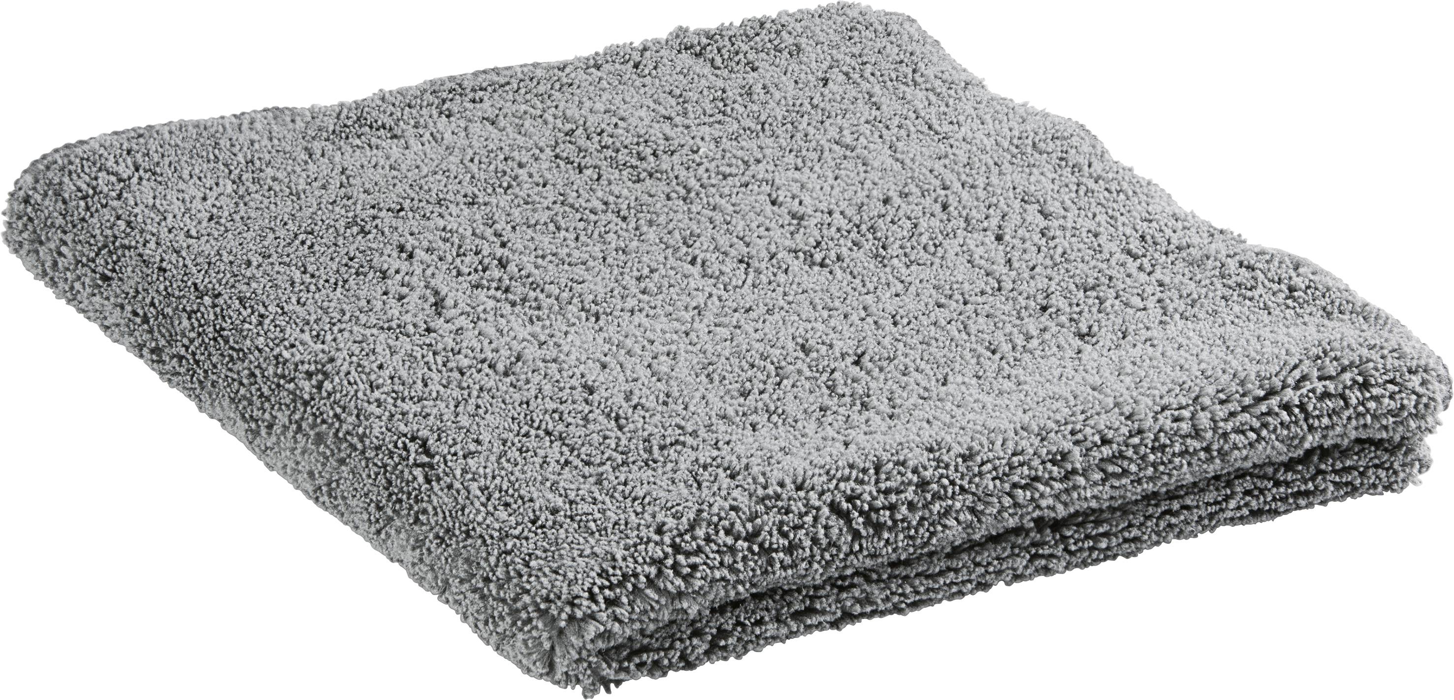 Graues, quadratisches Handtuch aus Frottee, auf einem weißen Hintergrund liegend.
