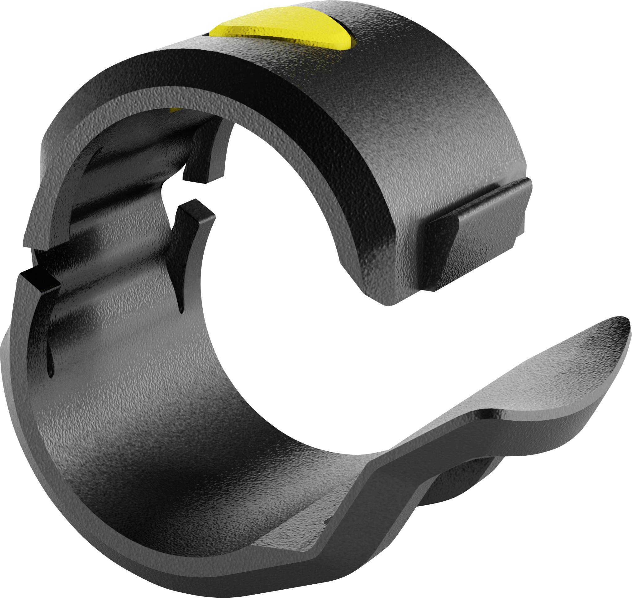 Eine schwarz-gelbe Kunststoffklemme, geöffnet. Sie zeigt strukturierte Oberflächen und Scharniere für flexibles Schließen.