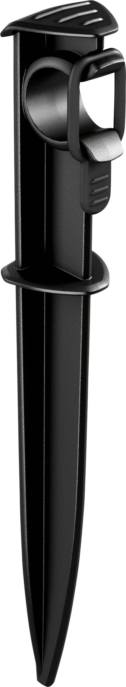 Ein schwarzer Kunststoff-Erdspieß mit einem verstellbaren Düsenträger für Gartenbewässerungssysteme.