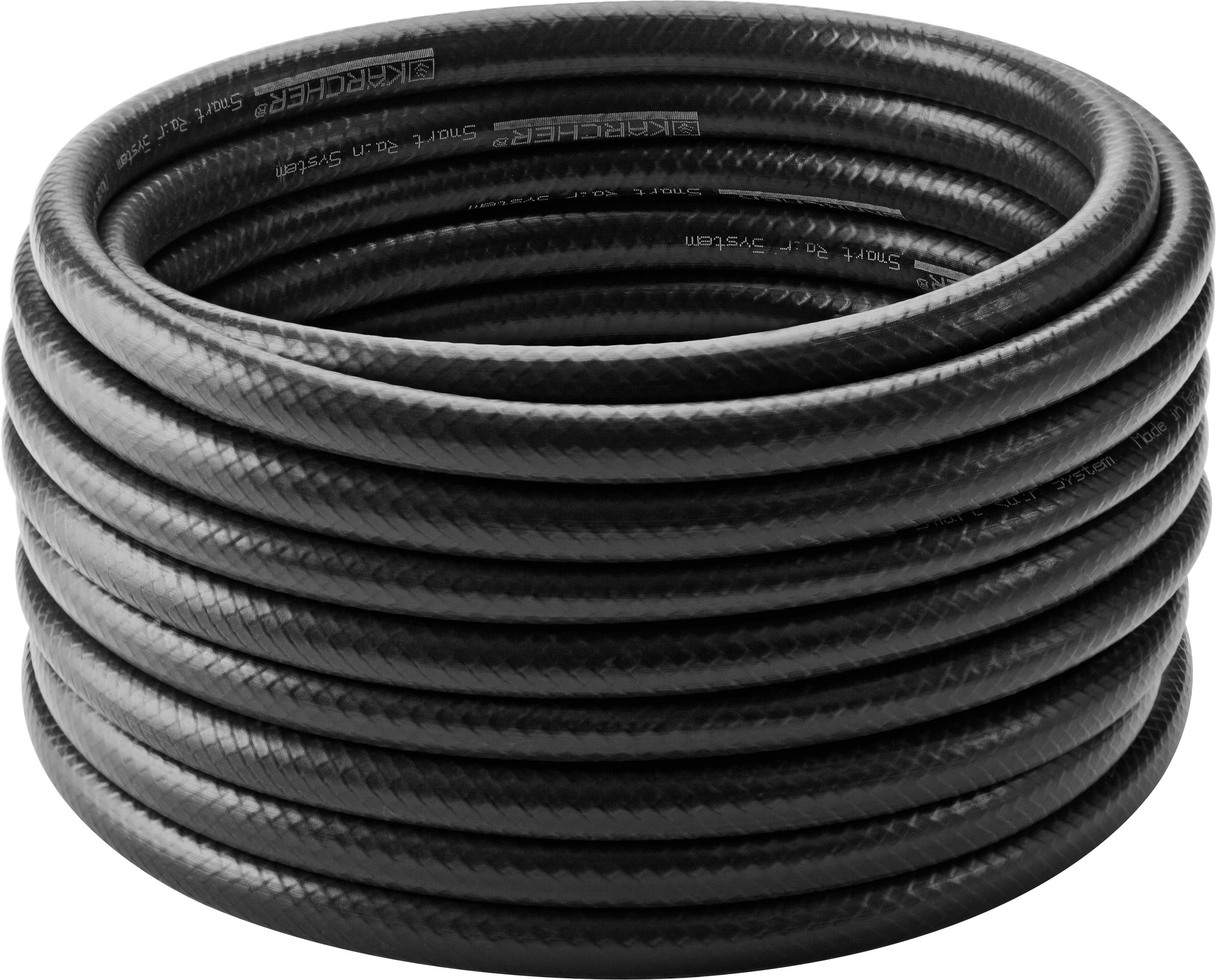 Schwarzer, aufgerollter Gartenschlauch, rund und stabil. Ideal für Gartenbewässerung oder Haushaltszwecke.