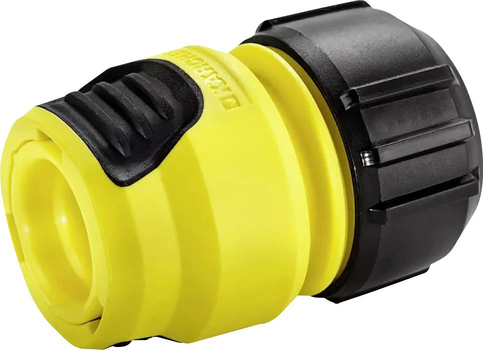 Gelber Wasserschlauchanschluss mit schwarzem Griff, geeignet zum Verbinden eines Gartenschlauchs mit Zubehör oder Wasserquelle.