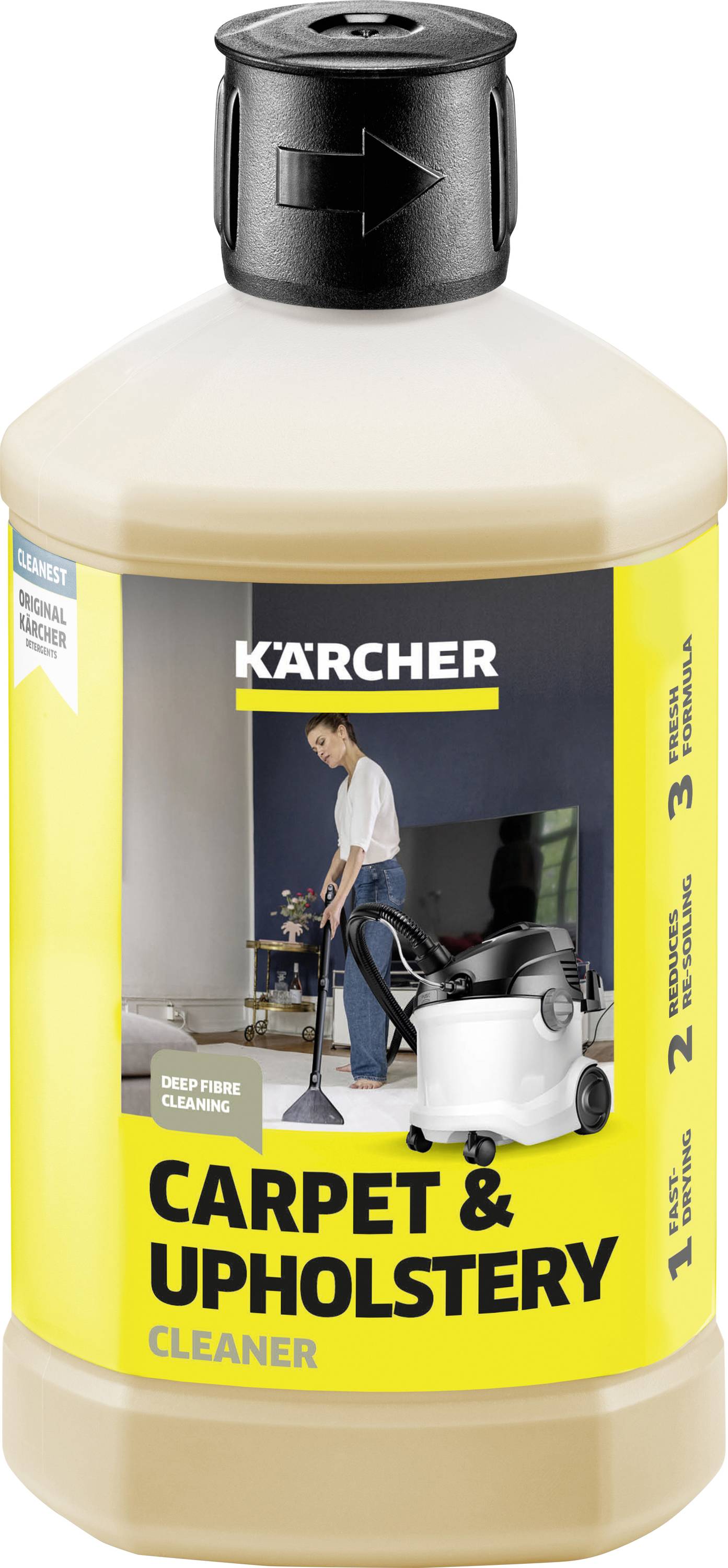 Eine Flasche 'Kärcher Teppichreiniger', geeignet für Waschstaubsauger, mit Abbildung einer Reinigungsdüse und gereinigtem Teppichbereich.