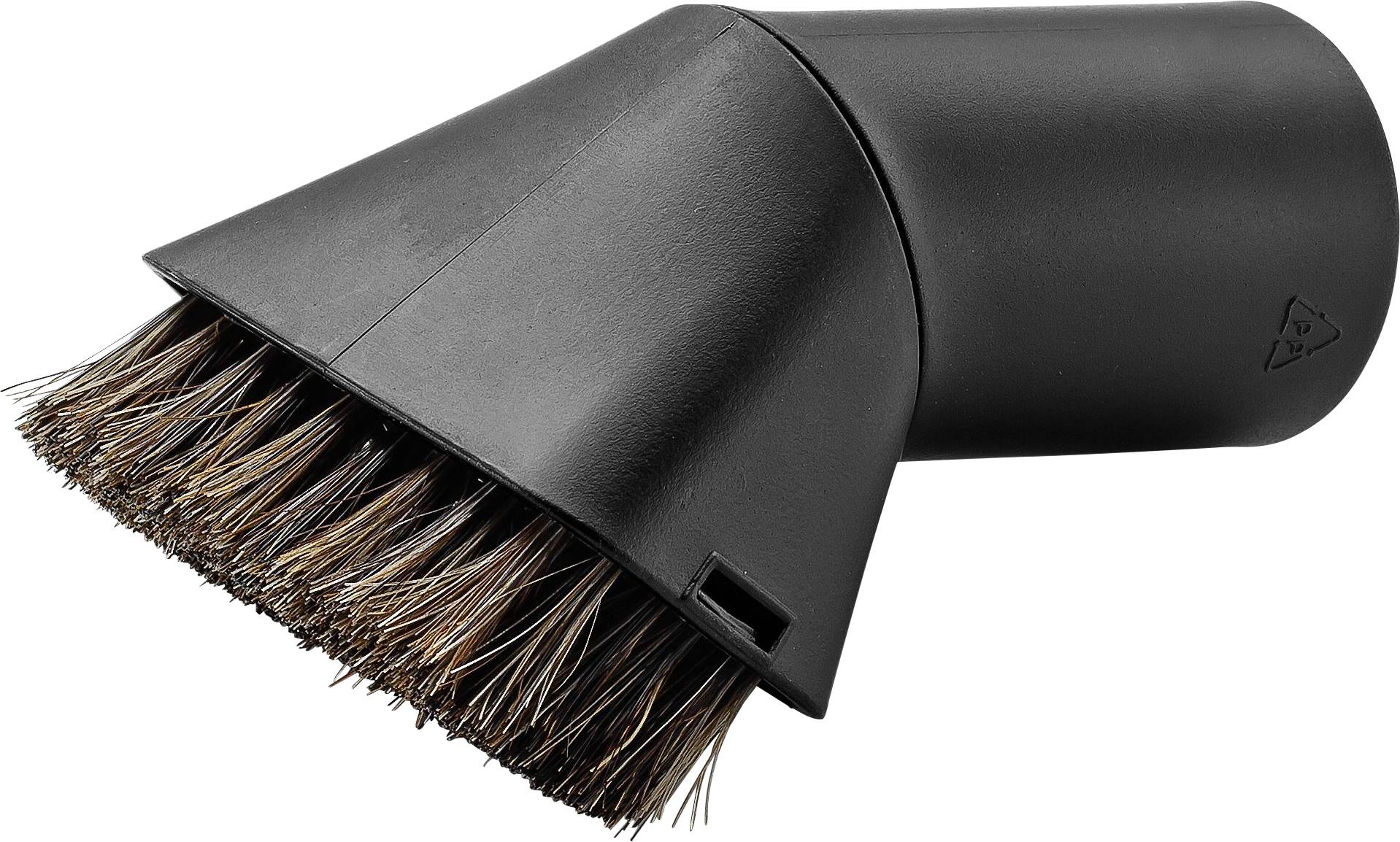 Ein schwarzes, abgewinkeltes Staubsaugerbürsten-Aufsatz mit braunen Borsten, um Staub effektiv von Oberflächen zu entfernen.