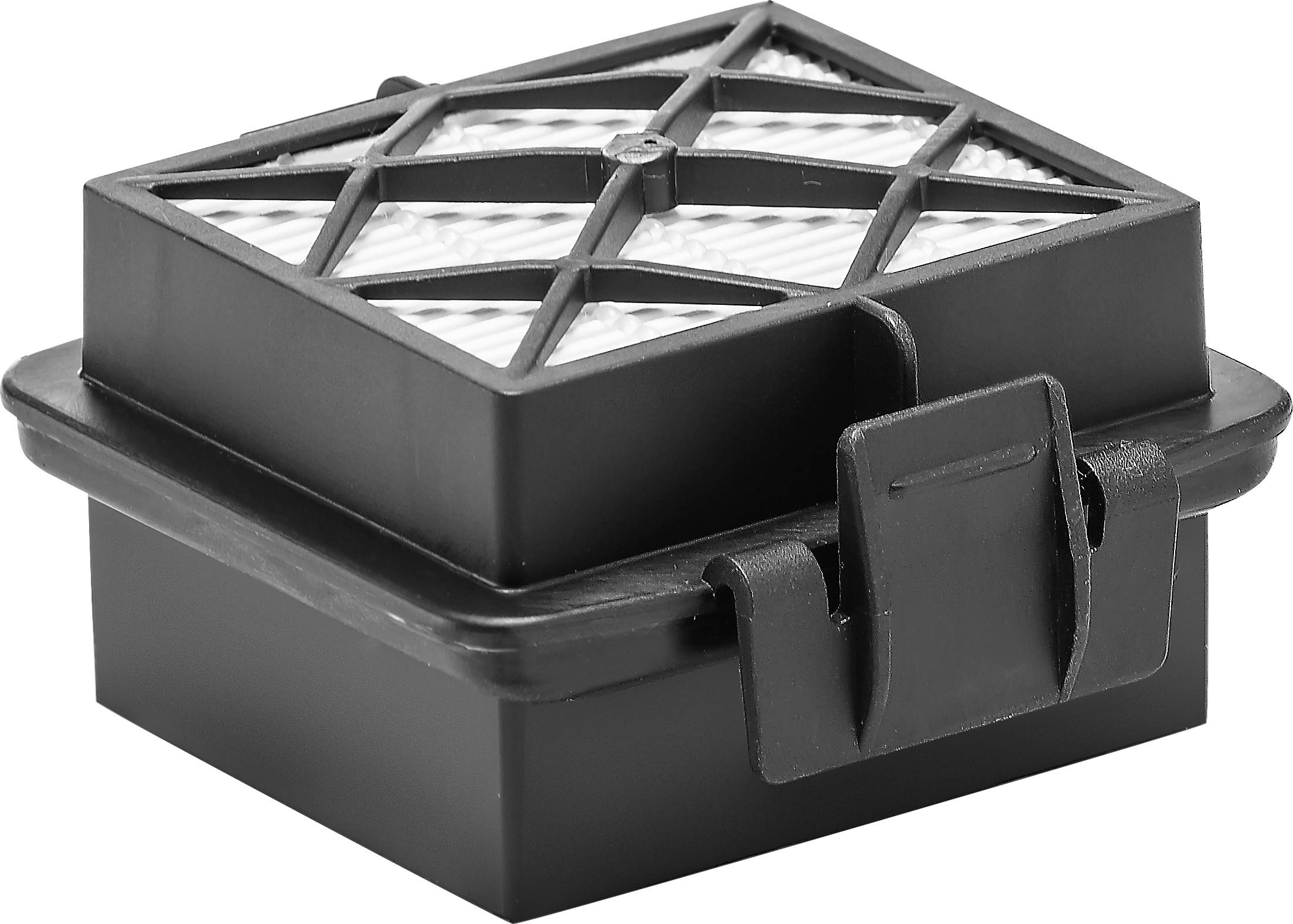 Ein schwarzer Luftfilter mit weißem Gittermuster, verwendet in Geräten zur Verbesserung der Luftqualität, liegt auf einem weißen Hintergrund.