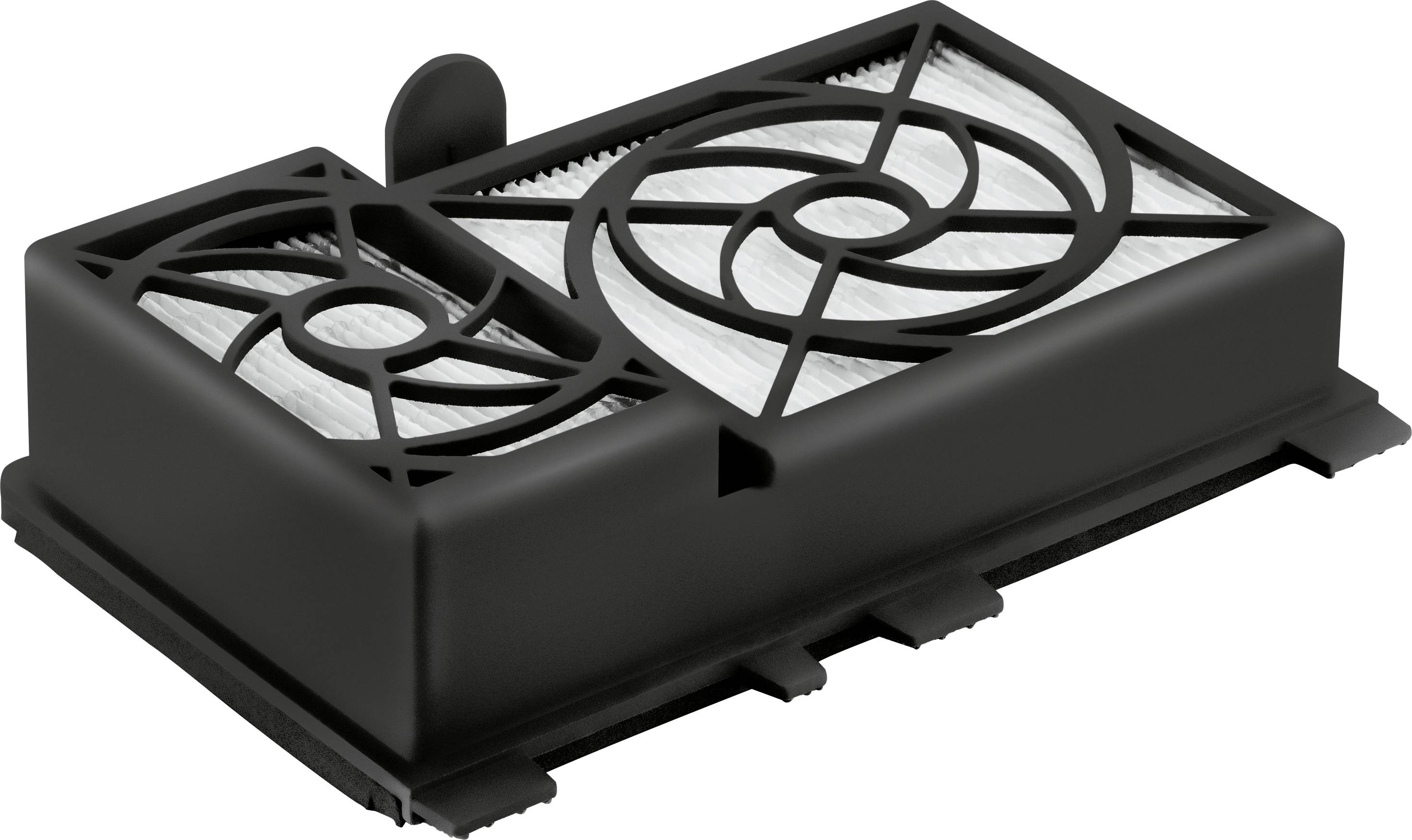 Schwarzes rechteckiges Kunststoffgehäuse mit integriertem Doppellüftersystem.