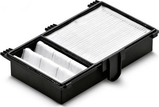 Schwarzes Filtergehäuse mit zwei Fächern, eines mit Wellfilter, das andere mit einer Stoffschicht. Es scheint für Luftreinigung gedacht.
