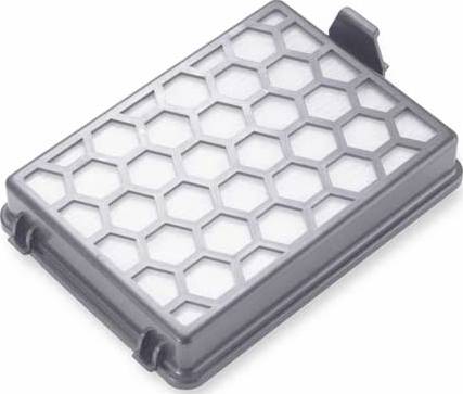 Grauer rechteckiger Filter mit wabenförmigem Muster. Möglicherweise Teil eines Staubsaugers oder einer Luftreinigungsanlage.