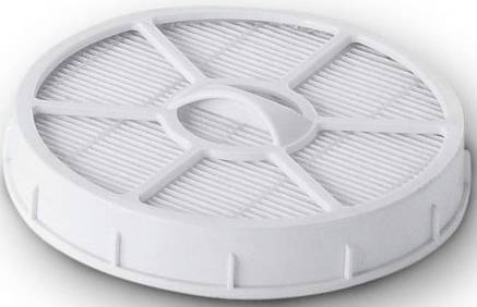 Runder, weißer Ersatzfilter für Staubsauger mit einem gitterartigen Design für effiziente Luftfiltration.