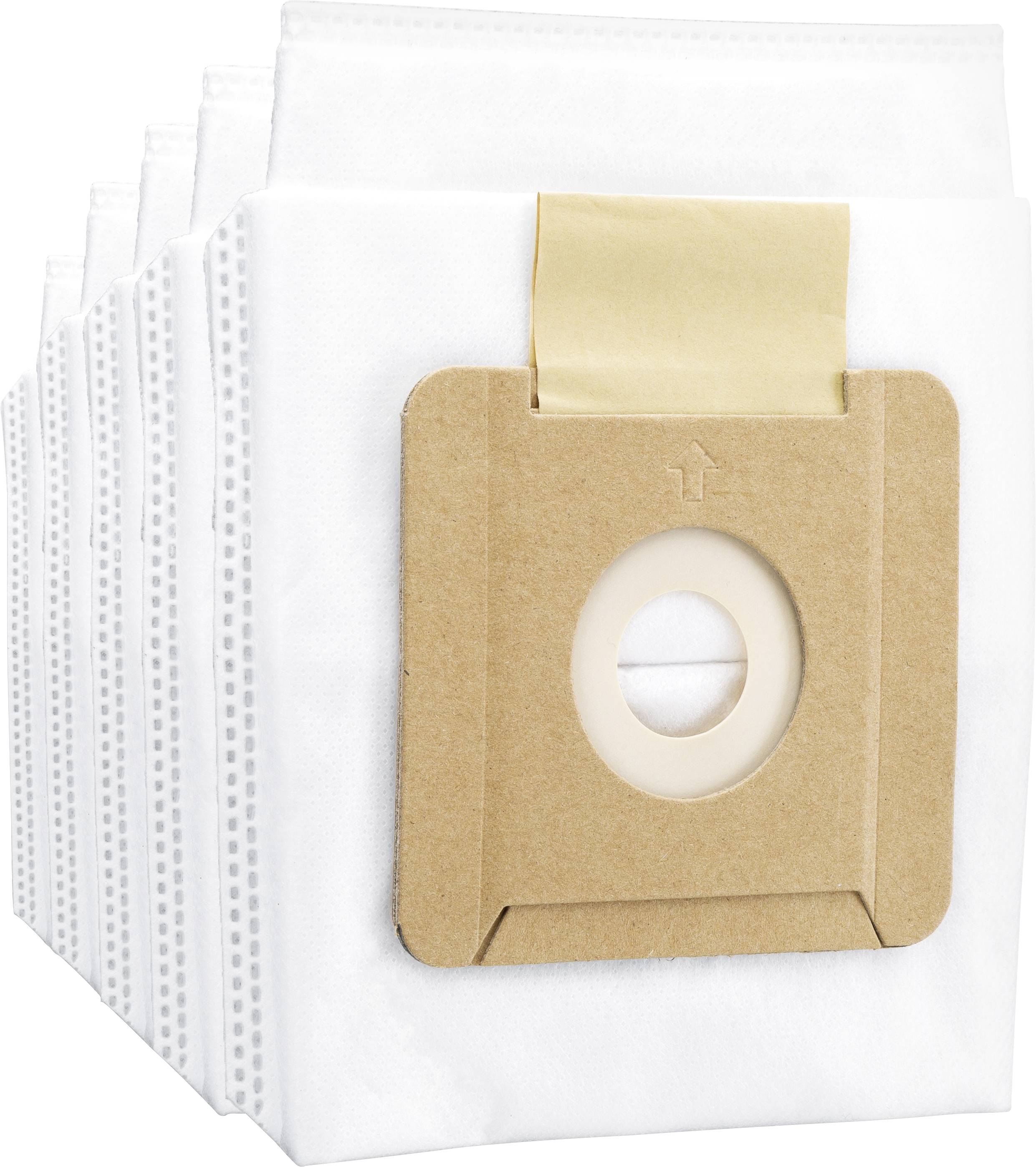 Staubsaugerbeutel in einer gestapelten Reihe, mit beige Kartonöffnung vorne, die für die Staubaufnahme sorgt.