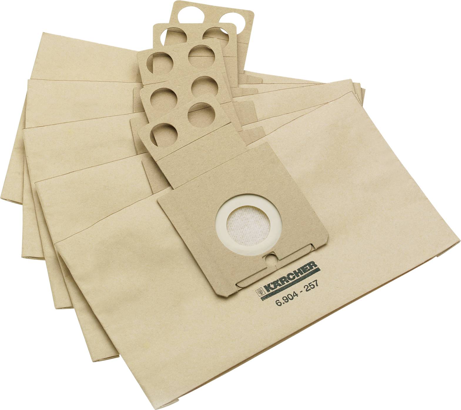 Staubsaugerbeutel aus Papier im Set, mit mehreren Schlitzen und Filter, geeignet für Karcher Modelle, stapelbar für einfache Lagerung.