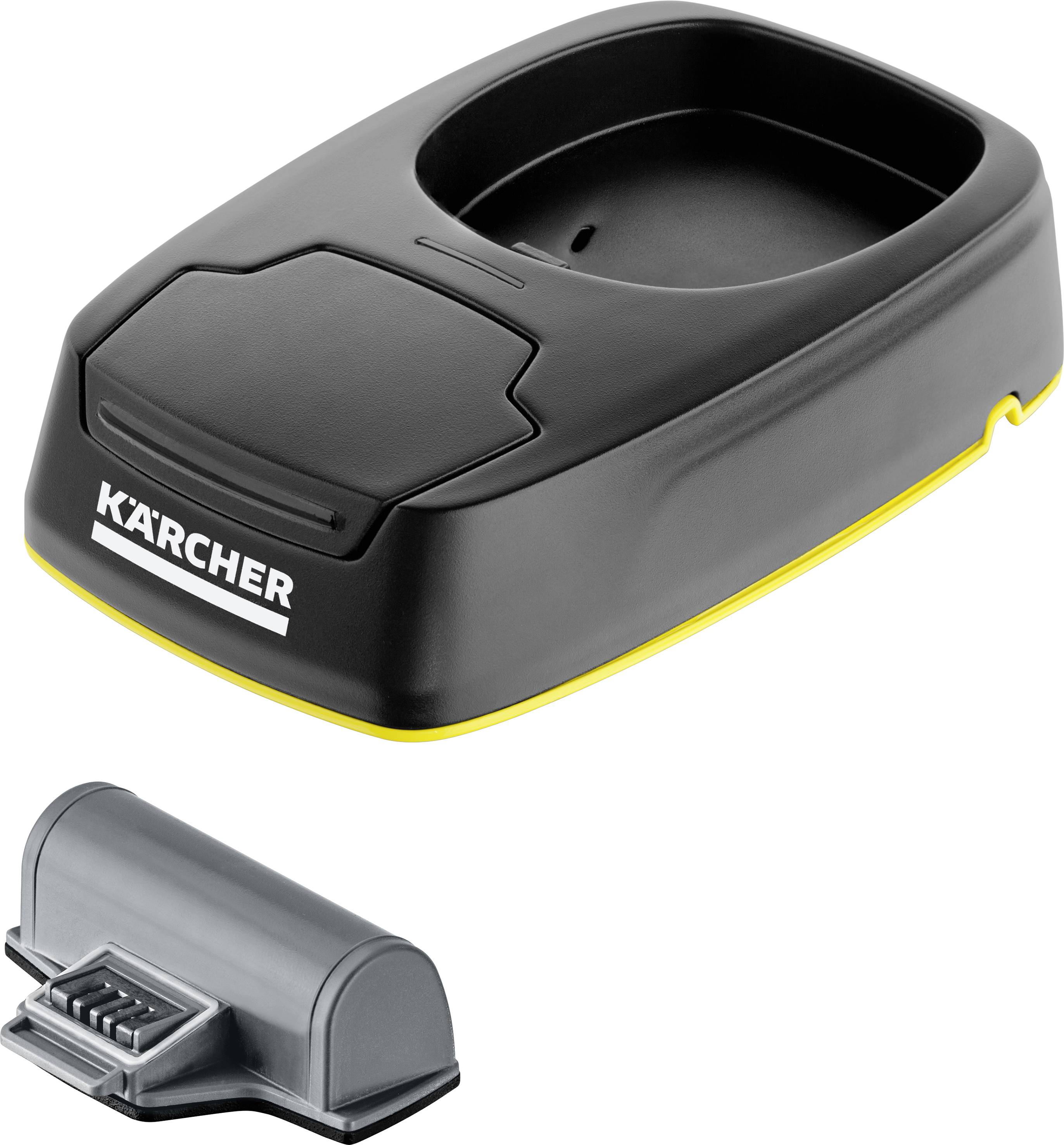 Ladeschale und Akku für Kärcher-Reinigungsgeräte.