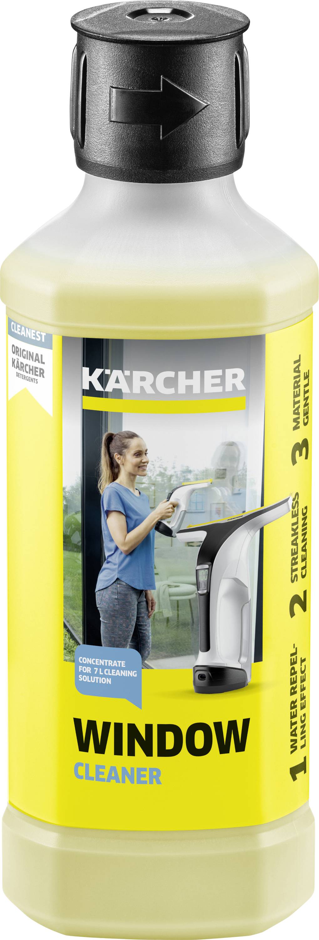 Eine Flasche mit Fensterreiniger-Konzentrat der Marke Kärcher. Geeignet für Kärcher Fensterreiniger, etikettiert mit 'Window Cleaning'.