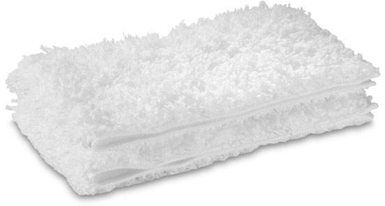 Ein gefaltetes weißes Mikrofasertuch mit flauschiger Struktur, ideal zum Reinigen von Oberflächen.