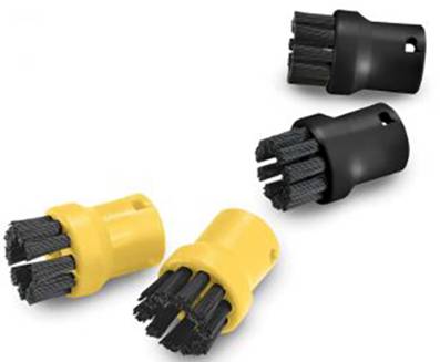 Die Bild zeigt vier runde Reinigungsbürstenaufsätze, zwei gelb und zwei schwarz, die in verschiedenen Positionen liegen.