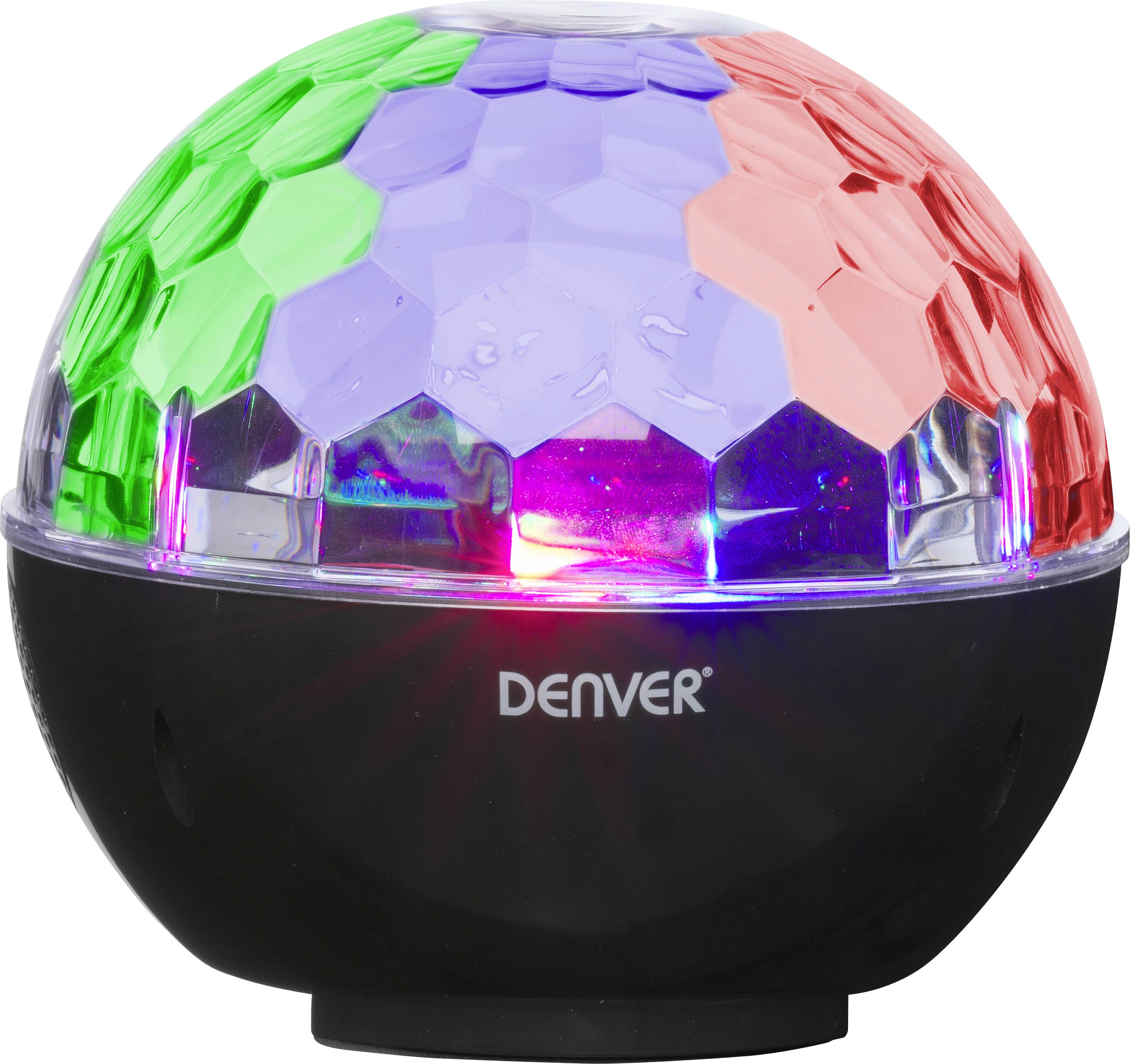 Schwarze LED-Lampe mit halbrunder prismatischer Oberfläche in Rot, Grün und Blau. Text 'DENVER' an der Vorderseite.