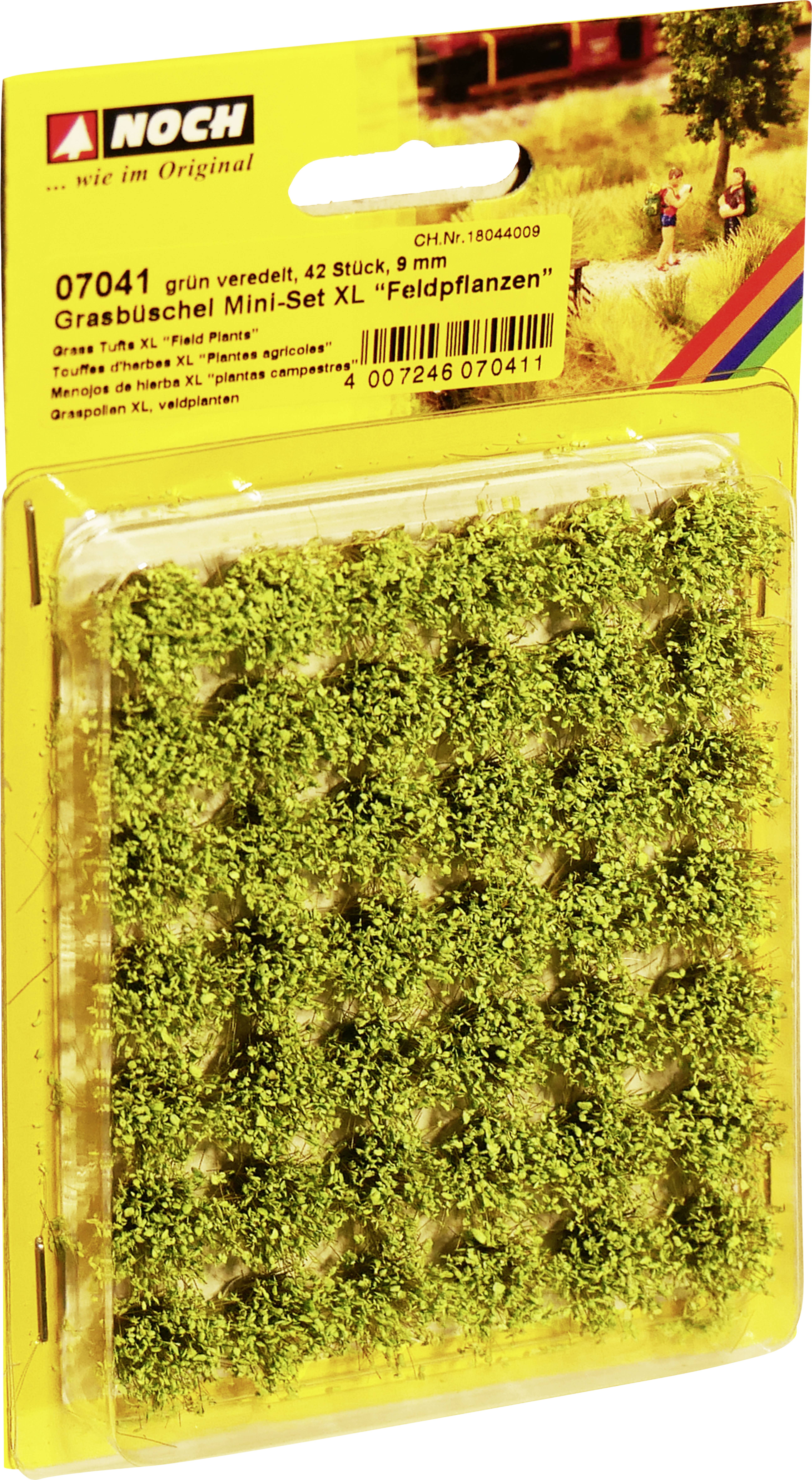 'Grasbüschel Mini-Set XL' Verpackung mit 42 grünen, veredelten Grasbüscheln für Modelleisenbahnen oder Dioramen.