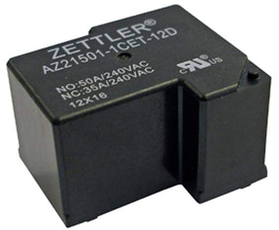 Ein schwarzes elektrisches Relais mit Aufschrift 'Zettler AZ21501-1CET-12D'. Geeignet für 50A/240VAC und 35A/240VAC.