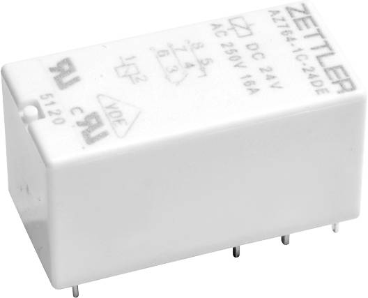 Ein weißes Relais von Zettler mit Aufschrift: 'AZ764-1C-24DSE', hat vier Anschlussstifte, geeignet für 24V Gleichstrom, 250V Wechselstrom, 16A.