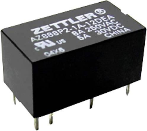 Elektrisches Relais mit der Aufschrift 'Zettler AZ888P2-1A-12DEA', spezifiziert für 8A bei 250VAC und 5A bei 30VDC, hergestellt in China.