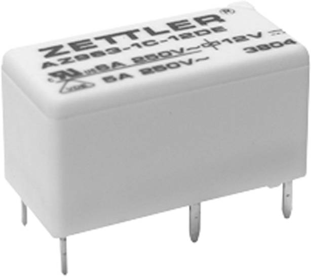 Ein rechteckiges, weißes Relais von Zettler, Modell AZ953-1C-12DE, mit Spezifikationen für 12V, 5A und 250V, zeigt seine Anschlüsse.