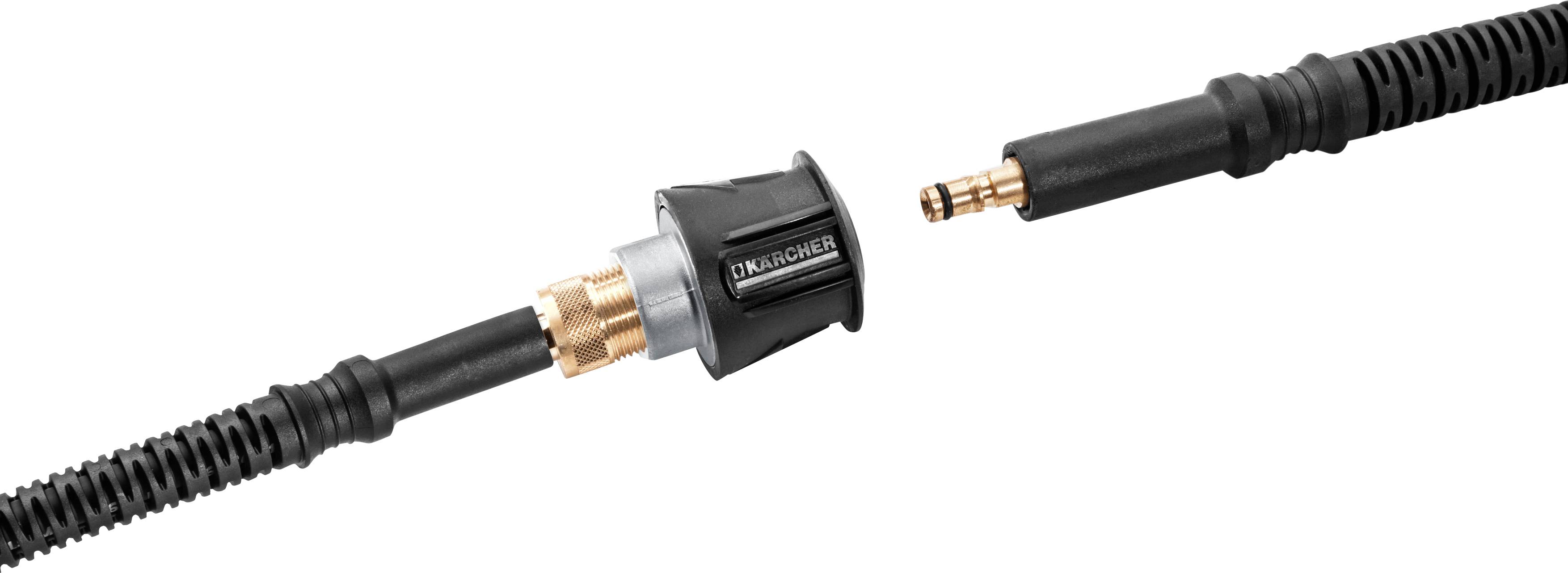 Verbindung von zwei Kupplungen für Schläuche oder Kabel, eine mit schwarzem Gehäuse, die andere ist ein einfaches Steckerteil.
