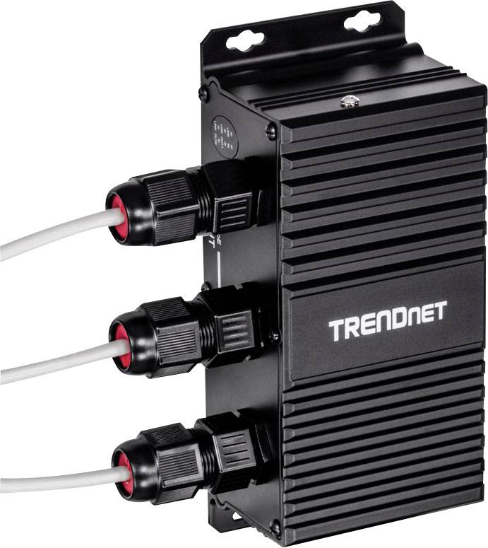 Ein schwarzer Industrie-PoE-Switch der Marke TRENDnet mit drei angeschlossenen Netzwerkkabeln, wandmontierbar mit Rippen zur Kühlung.