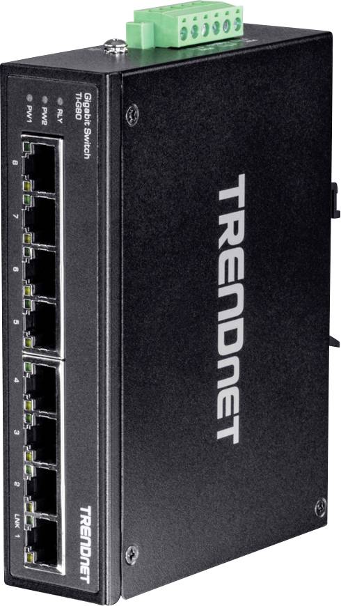 'Gigabit-Switch TRENDnet TI-G80' mit acht Ethernet-Ports und grünem Anschlussstecker. Kompaktes, schwarzes Gehäuse für Netzwerkverbindungen.