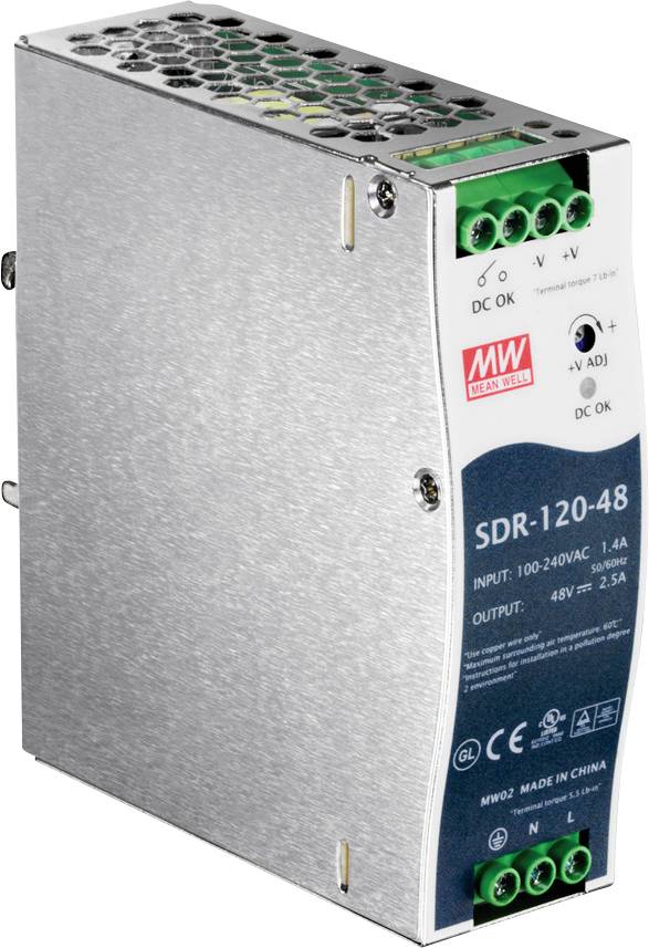 Ein Schaltnetzteil von Mean Well, Modell SDR-120-48. Es hat Eingänge von 100-240VAC und Ausgänge von 48V bei 2,5A.