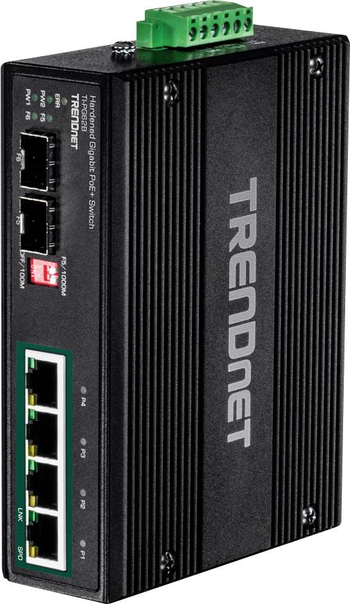 Industrieller Ethernet-Gigabit-Switch von TRENDnet mit PoE-Funktion, fünf Anschlüssen und robustem, schwarz geripptem Gehäuse.