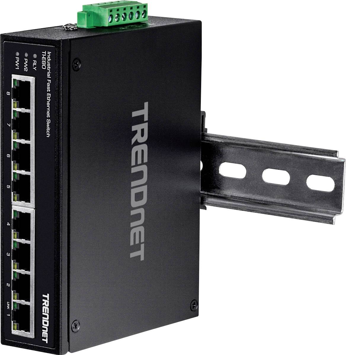 Ein schwarzer TRENDnet Ethernet-Switch mit mehreren RJ-45-Anschlüssen und einem grünen Anschlussblock für DIN-Schienenmontage.