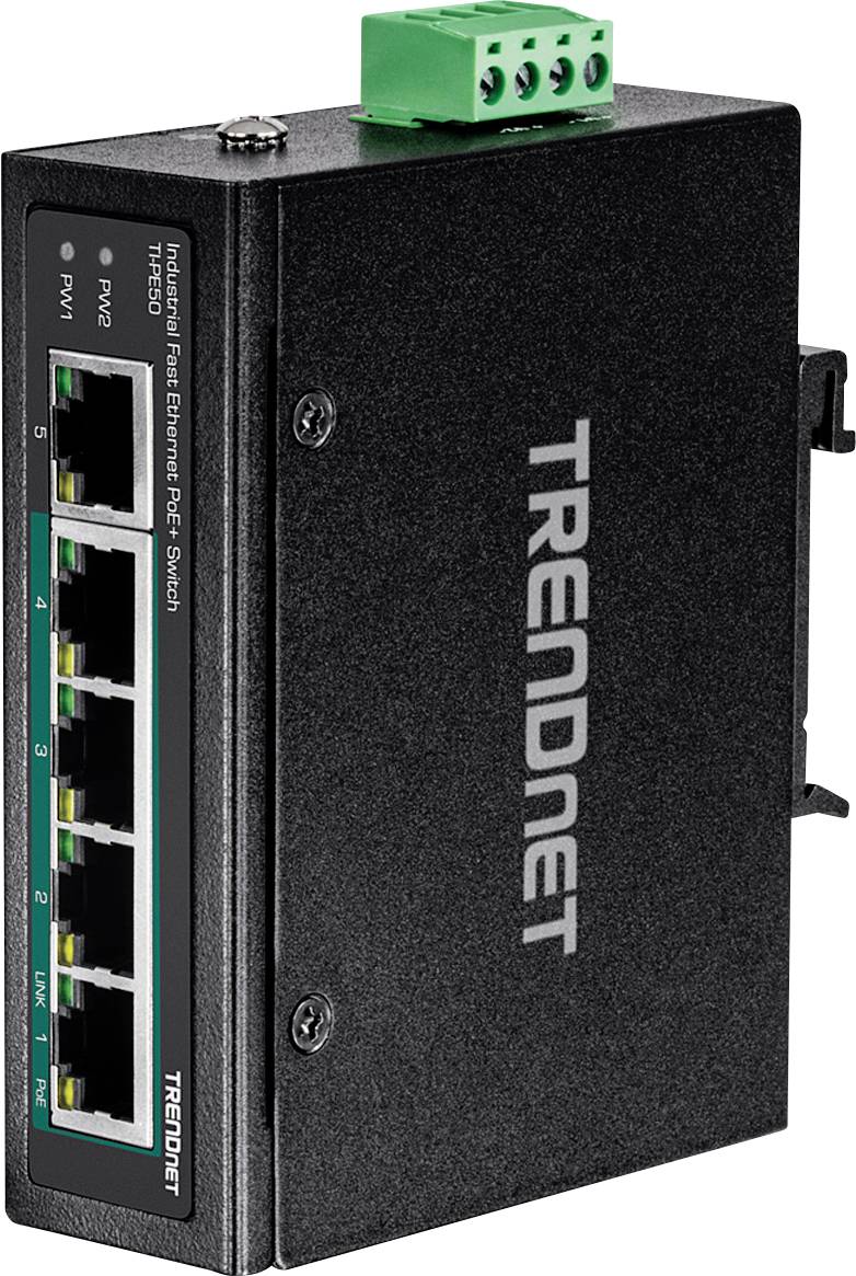 Schwarzer Ethernet-Switch der Marke TRENDnet mit sechs Netzwerkanschlüssen und grünem Anschlussmodul oben. Modell: TI-PG62B.