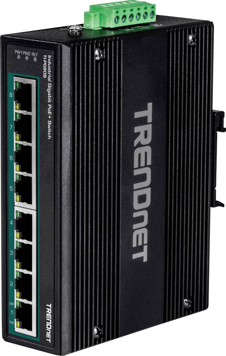 Netzwerk-Switch mit acht Ethernet-Ports und grüner Anschlussleiste oben, Marke 'TRENDnet' an der Seite aufgedruckt.