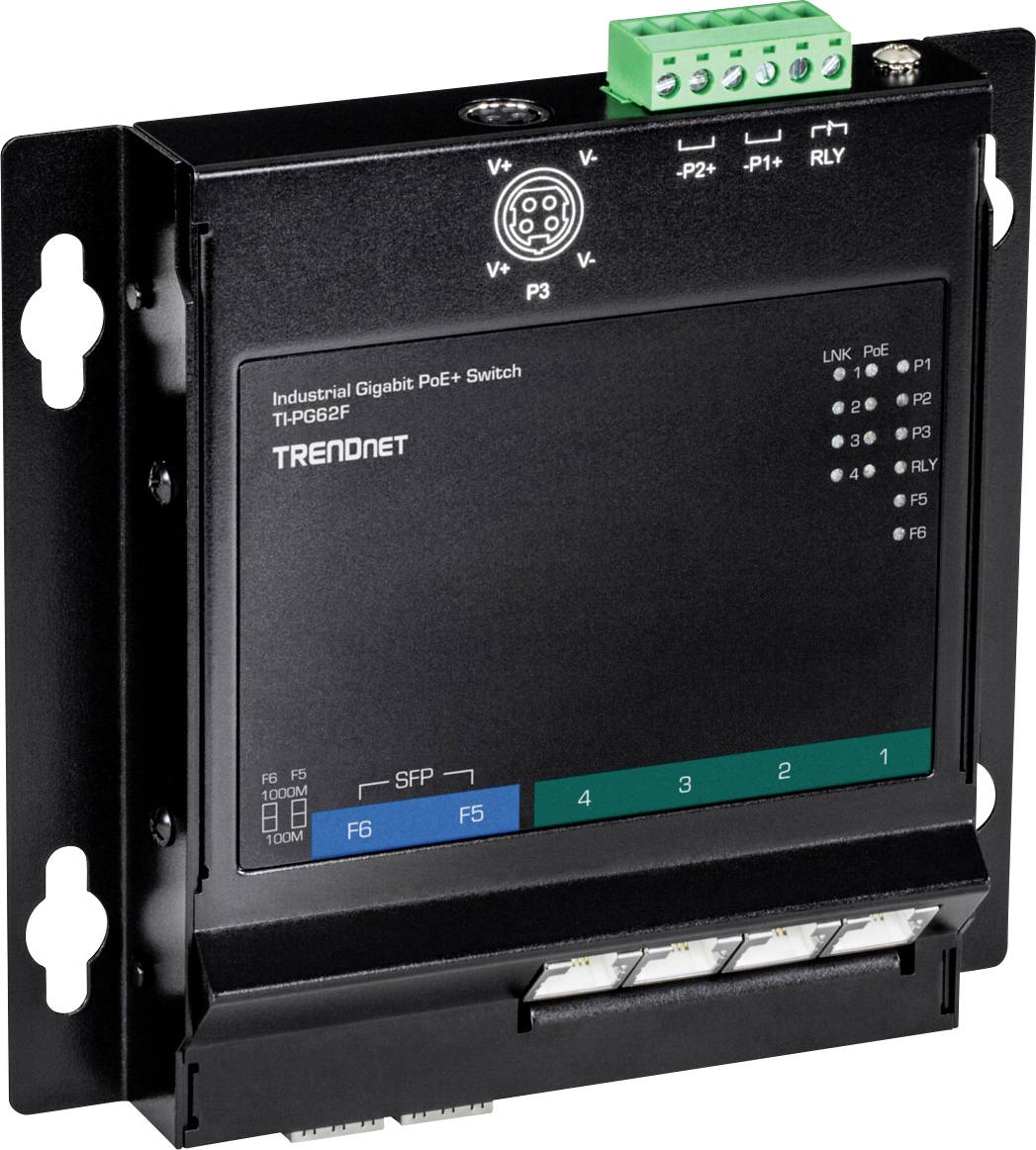 Ein industrieller Gigabit PoE+ Switch von TrendNet, Modell TI-PG62F, zeigt mehrere Ports und LED-Anzeigen auf der Vorderseite.