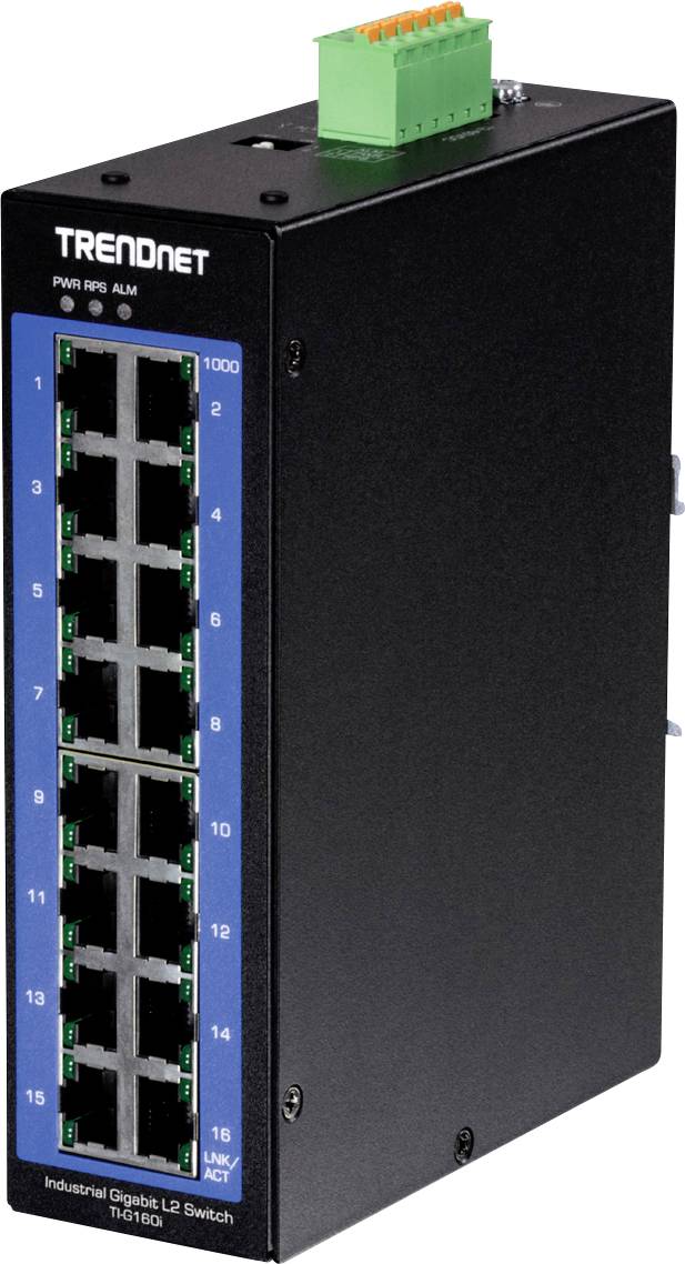 'Trendnet Industrial Gigabit L2 Switch' mit 16 Ethernet-Ports, montierbar im Rechenzentrum für Netzwerkverbindungen.