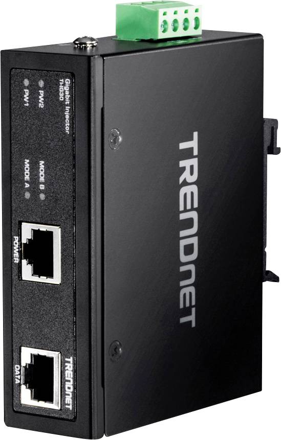 Schwarzer industrieller Gigabit-Injektor TRENDnet TI-PG102B mit zwei RJ-45-Ports für PoE-Verbindungen, geeignet für Netzwerkgeräte.