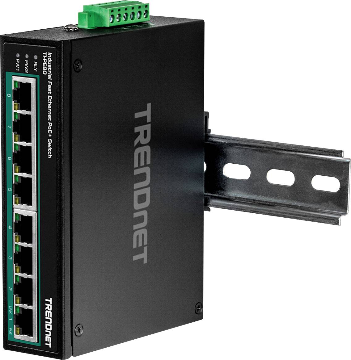Industrieller Ethernet-PoE-Switch von TRENDnet mit mehreren Ports und Montagehalterung, geeignet für Netzwerk-Verbindungen.