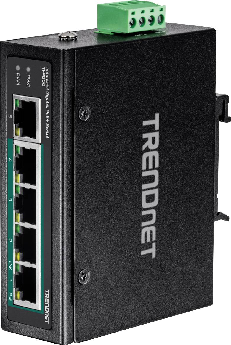 Ein schwarzer Ethernet-Switch mit fünf gelb markierten RJ-45-Ports und einem grünen Anschlussblock oben für die Stromversorgung.