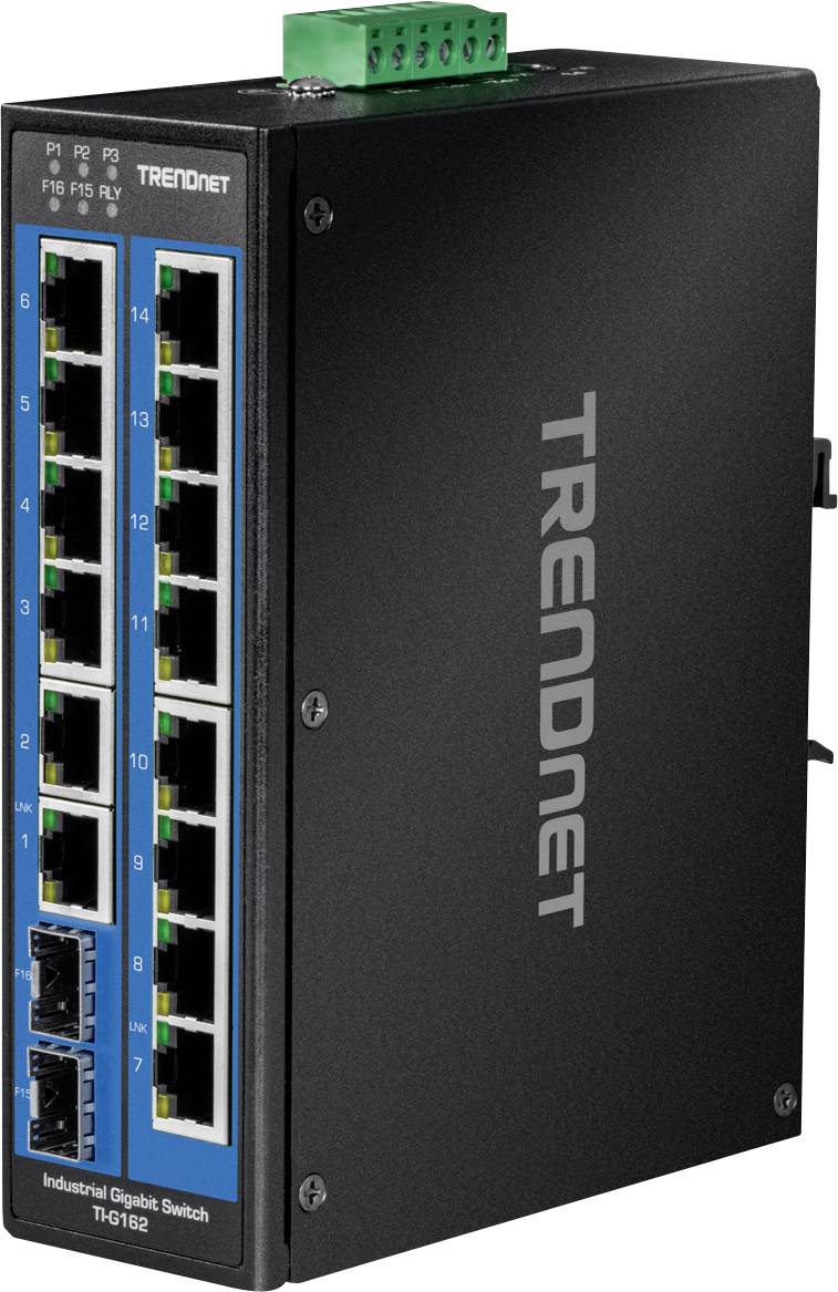 Industrie-Gigabit-Switch von TRENDnet mit mehreren Ethernet-Anschlüssen, geeignet für den Einsatz in rauen Umgebungen.