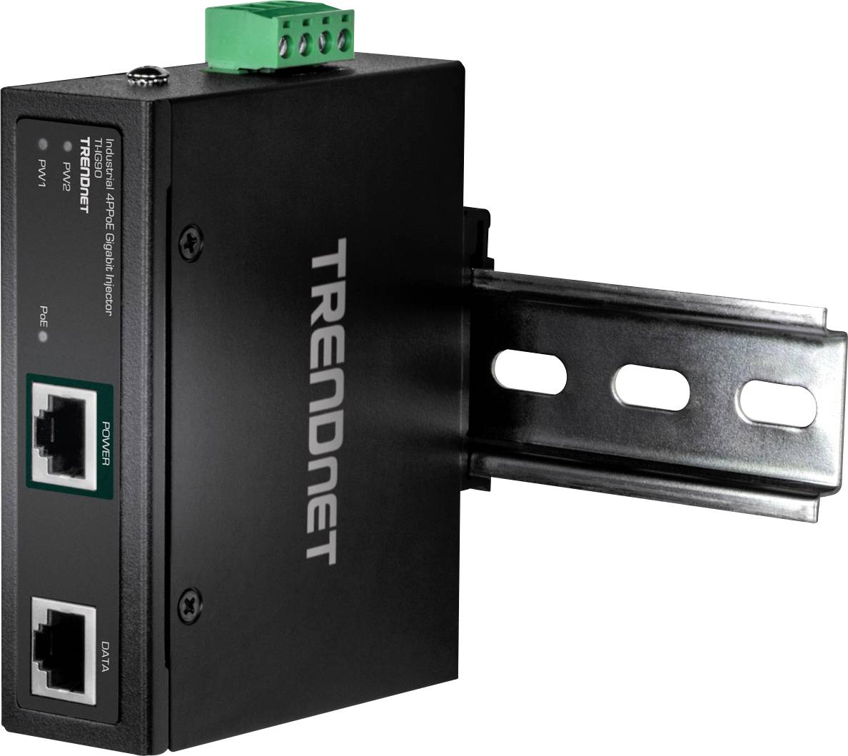'Industrielles Gigabit-PoE+-Kupfer-zu-Glasfaser-Medienkonverter' von TRENDnet, zur Montage auf einer DIN-Schiene geeignet.