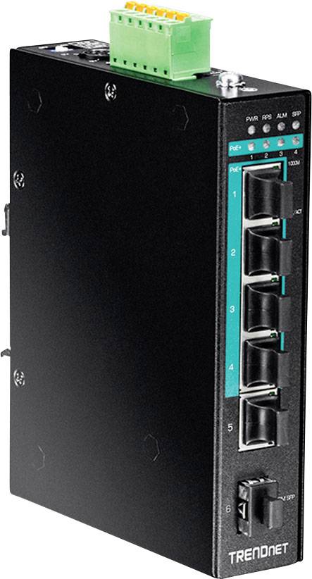 Ein schwarzer industrieller Netzwerk-Switch mit fünf Ethernet-Ports und grüner LED-Anzeige, geeignet für robuste Anwendungen.