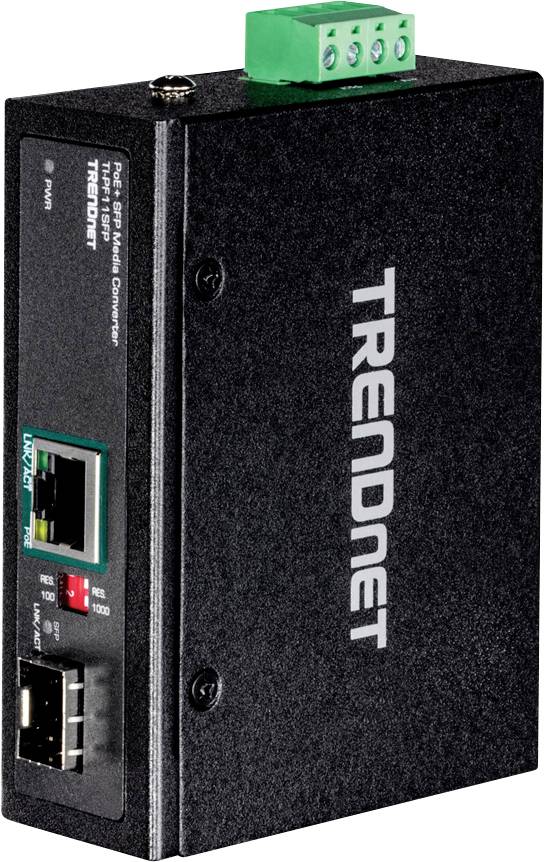 Ein schwarzer Netzwerk-Medienkonverter von TRENDnet mit Ethernet- und Glasfaseranschlüssen, im Hochformat, Modellnummer auf der Vorderseite.