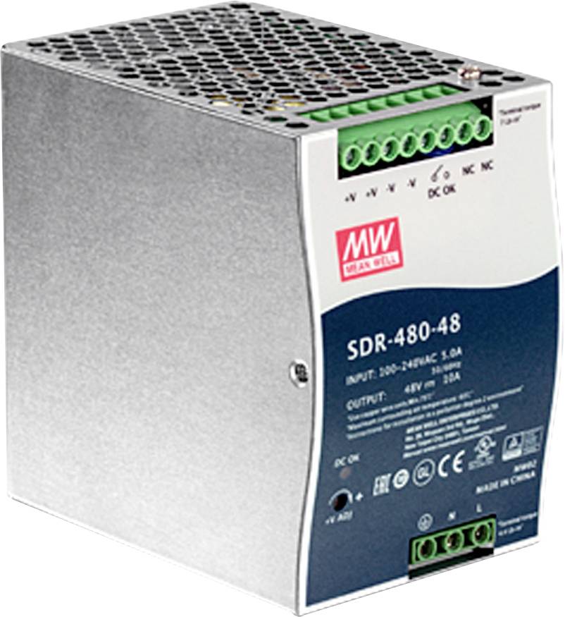 Netzteil SDR-480-48 von Mean Well, Eingang 100-240VAC, Ausgang 48V, 10A. Rechteckig, mit grünen Anschlussklemmen oben.